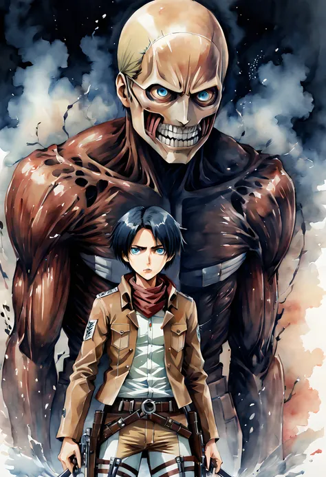 (attack on titan:1.5), (ink and watercolor painting:1.5), (tasteful:1.5), (ink and watercolor painting:1.5), (full color:1.5), 8...