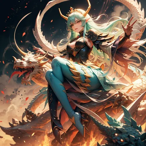 A cyan divine dragon，A long-bodied dragon，A dragon covered in cyan scales，There is also a dragon that wraps around fairies，A long flowing hair，A fairy with delicate facial features，Wear layers of clear and delicate long skirts，nice headpiece，Hand and foot ...