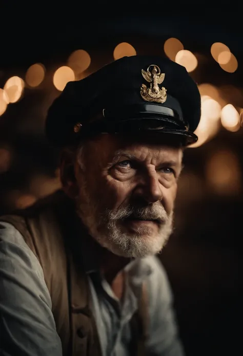 Award-winning portrait photo of a man, of an old screaming sailor in a captains cap, Augen in die Kamera gerichtet, (bokeh:0.7), seitlich beleuchtet, (faltiges Gesicht im Detail:0.7), Telebild, mondhell, Fackelschein, somber atmosphere, oceanic night outsi...