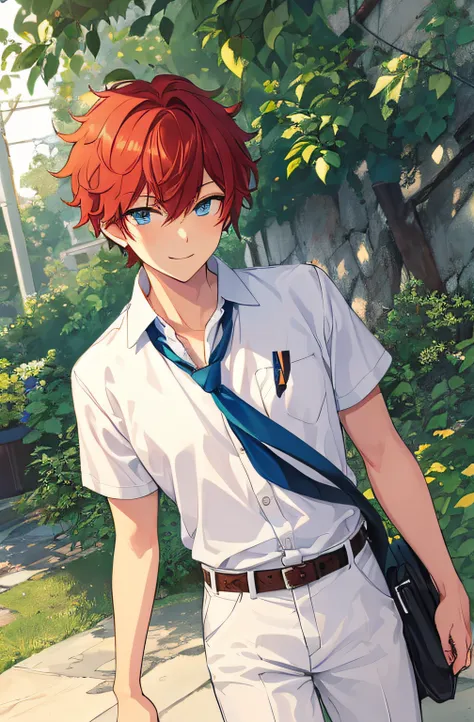 Amagi Hiiro, Boy, Red hair, Mans_Focus, Pants, neck tie, Blue eyes, Solo,  Pants,  Looking at Viewer, Smile, Shirt, Belt bag, cowboys_shot,   White shirt, Bangs, greys_Pants,  Short sleeves, Closed mouth,  Collared_Shirt, ((blue necktie))