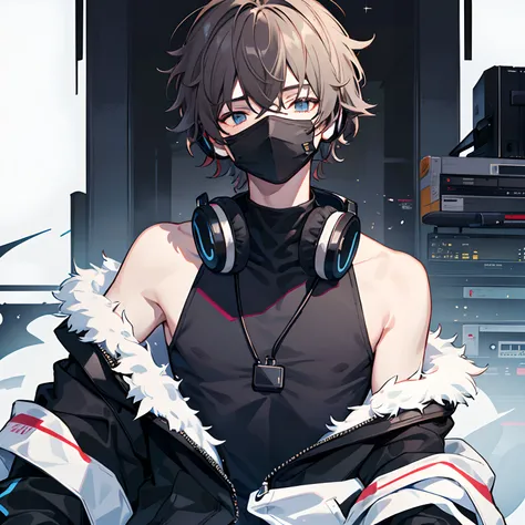 1 man, black turtle neck tank top, off shoulder jacket, headphones, mask, fluffy messy hair