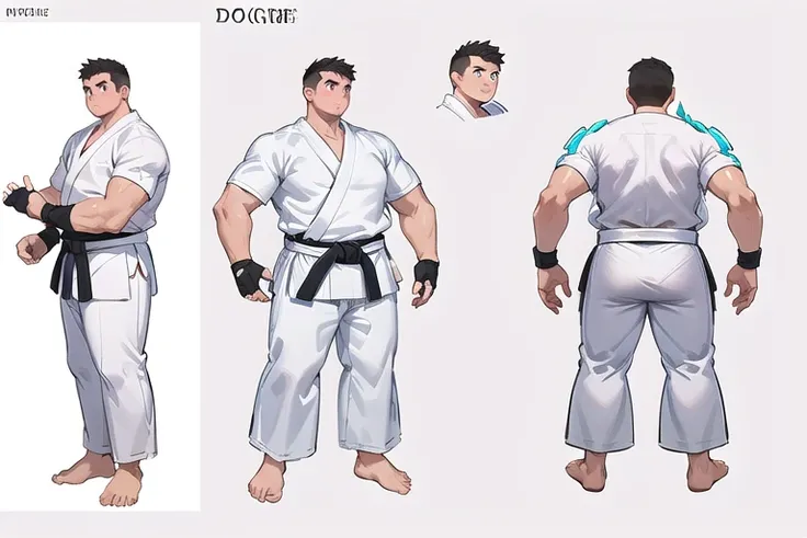 ((1boy_only, same_character, same_outfit)), charturnerv2, character_turnaround, character_sheet, ((3views)), reference_sheet, (chubby:1.2, stocky:1.2), ((white judo gi)), ((dougi)), barefoot, ((long pants)), (bara:1.2), (shota:0.25), buzz_cut, full body sh...