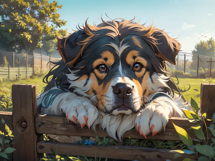 (masterpiece,best quality, hires, ultra-detailed:1.3), realistic, large dog, head only, (peeking over the fence:1.3), garden, very wide shot