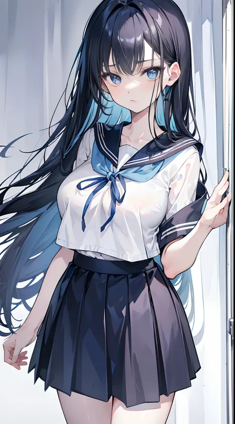 Long blue-gray-black hair，Slanted hair curtain，Hair is scattered around the waist，Short-sleeved sailor uniform school uniform plus skirt，White skin of the，Pale blue-blue eyes，Innocent eyes，Pouting and laughing，，girl，huge tit