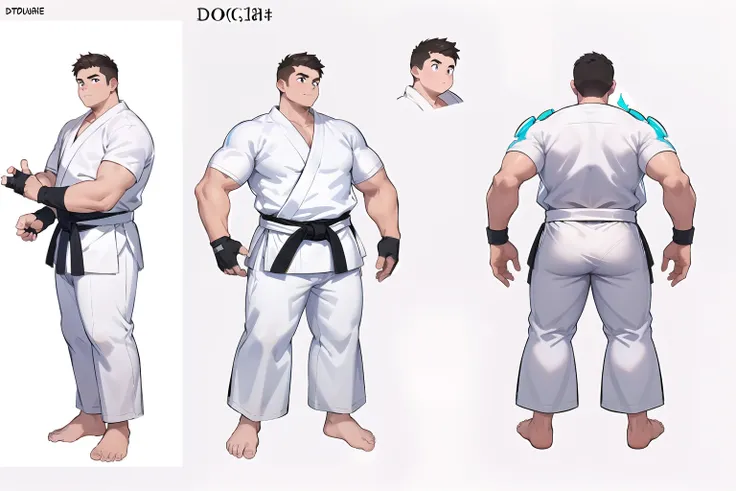 ((1boy_only, same_character, same_outfit)), charturnerv2, character_turnaround, character_sheet, ((3views)), reference_sheet, (chubby:1.2, stocky:1.2), ((white judo gi)), ((dougi)), barefoot, ((long pants)), (bara:1.2), (shota:0.25), buzz_cut, full body sh...