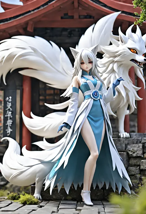 full body Esbian、Cool nine-tailed fox、Villain: the Nine-Tailed Fox、Have a feather fan、nohuman、Outside the people、There are no people、youkai、The Monster、diorama、symple background、Fortress background、​masterpiece, Best Quality, Capture super cute moments, de...