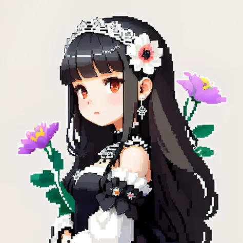 She was dressed like a glamorous jewel,large earring、Lots of flowers、 Gothic White、Colorful Floral Decoration Costume、Girl with dull grey long S-shaped curls、Look back and look at this.、Pixel art、Pixel Art Illustration、pixels、Plain background、Upper body、Fo...