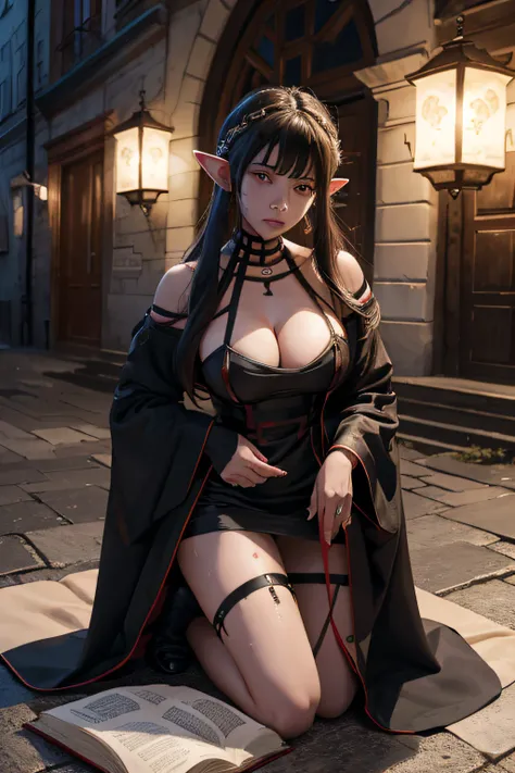 ein dickes elf girl with long ears kneels bei nacht on the floor in front of the viewer mit einem dickem buch in der hand, sie ist festgekettet, She wears a kurze robe, You can see wounds on the body, Big plump breasts, She is holding an open book in her h...