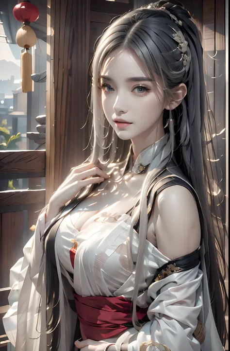 Photorealistic, high resolution, 1womanl, Solo, Hips up, view the viewer, (Detailed face), White hair, Long hair, Ancient China