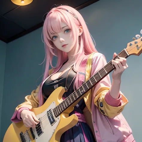 masutepiece, best quality, extremely detailed, anime, girl strumming electric guitar furiously:1.5,solo, hair messy,yamaha pacif...