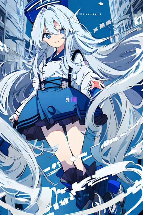 anime girl with long white hair and blue eyes in a blue uniform, happy worker,