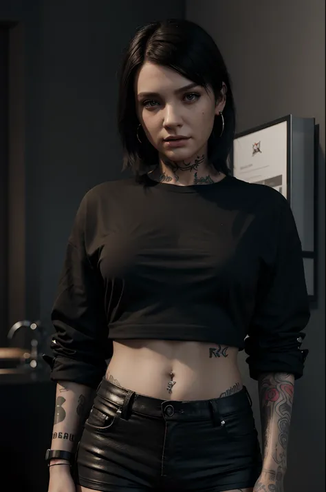 a woman with tattoos and piercings wearing a black shirt, a 3D render by Sam Spratt, cgsociety, photorealism, daz3d, zbrush, rendered in maya