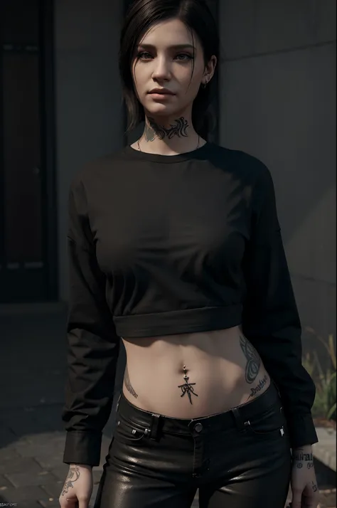 a woman with tattoos and piercings wearing a black shirt, a 3D render by Sam Spratt, cgsociety, photorealism, daz3d, zbrush, rendered in maya