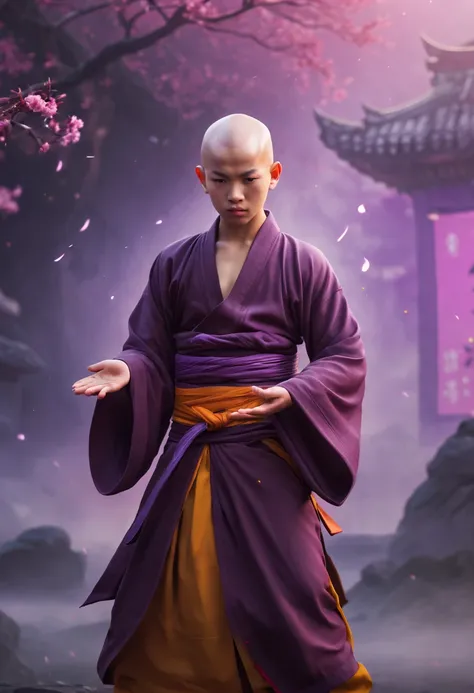 A handsome Shaolin monk、(((1 juvenile，bald-headed，buddhist monk，full bodyesbian，tear-mole:)))full bodyesbian，Sharp eyes，Clear facial features，wearing a hanfu，Fighting，Strong dynamic posture，The body is surrounded by purple mist，Runes surround you，martial a...