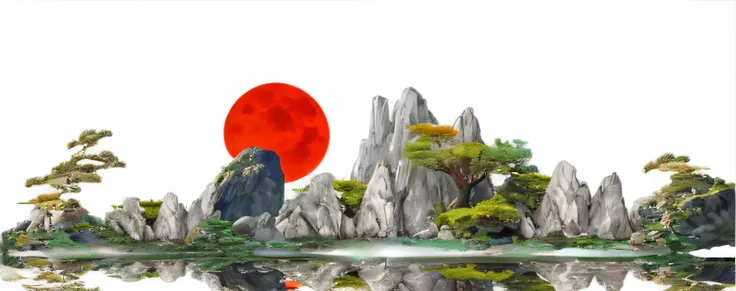 there is a red moon rising over a mountain range with trees, japanese landscape, japonisme 3 d 8 k ultra detailed, red moon, japan grungerock from colors, japanese style painting, asian sun, chinese painting style, japanese art style, korean artist, inspir...