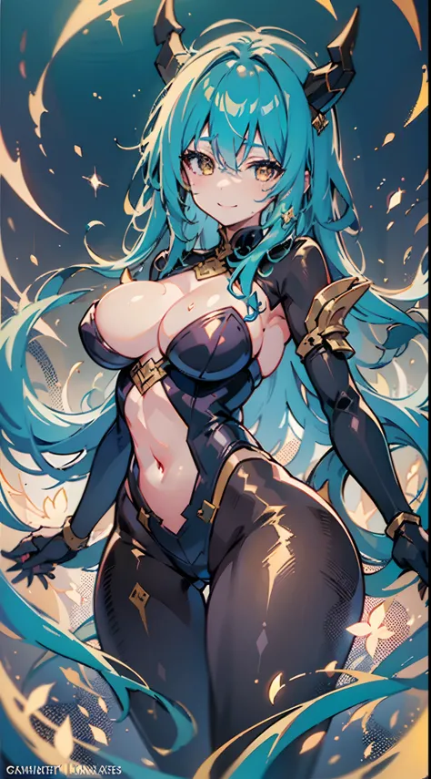 masterpiece,highly detailed,best quaility,illustration,girl,solo,double dark golden dragon horns,bishoujo,detailed lightcyan hair,detailed dark  golden eyes,points of light,scattered lightcyan fire,coiled dragon,full body,floating hair,too many scatter spa...