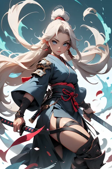 1girll， long whitr hair，holding a longsword，blue colored eyes，Samurai of Japan，Attacking stance，longer sleeves，  full bodyesbian