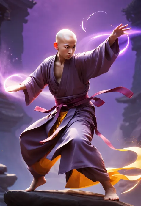 A handsome Shaolin monk、(((1 juvenile，bald-headed，buddhist monk，full bodyesbian，tear-mole:)))full bodyesbian，Sharp eyes，Clear facial features，wearing a hanfu，White robe，Fighting，Strong dynamic posture，The body is surrounded by purple mist，Runes surround yo...