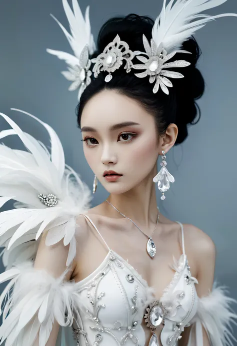 A Chinese girl，One wears earrings and "Airy" dress, In the style of Nene Thomas, monochromatic white figures, Gothic romanticism, Striking resin jewelry, Fine feather details, chen zhen, Asymmetrical balance