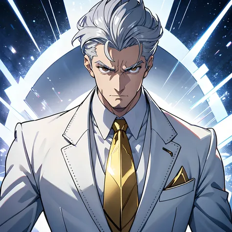 tall adult man, silver-haired, stern serious face, Wearing a white suit with gold, Upper body, ((Handsome)), (Diagonal eyes)), Big nose, Oval face, Very detailed, High key, Clothes and hair reflect light, Anime male, official art