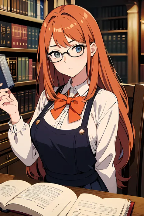 (1 girl, wearing round glasses), (beautiful eyes finely detailed, face to detail, dark orange hair, long hair), wearing libraria...