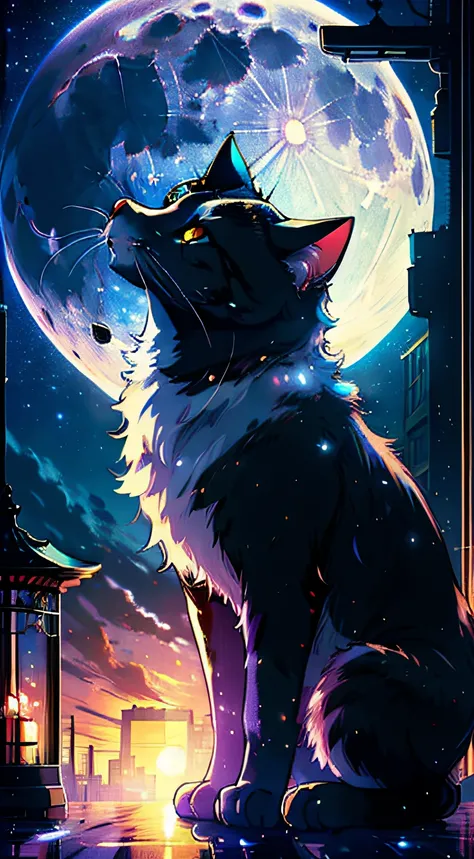 ultra-wide-angle，(Masterpiece:1.3),(Highly detailed:1.3),(A high resolution:1.1),Best quality,Hyper-detailing,A cat looking up at the stars。large full moon，Soft moonlight，Romantic starry sky