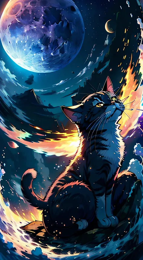 ultra-wide-angle，(Masterpiece:1.3),(Highly detailed:1.3),(A high resolution:1.1),Best quality,Hyper-detailing,A cat looking up at the stars。large full moon，Soft moonlight，Romantic starry sky