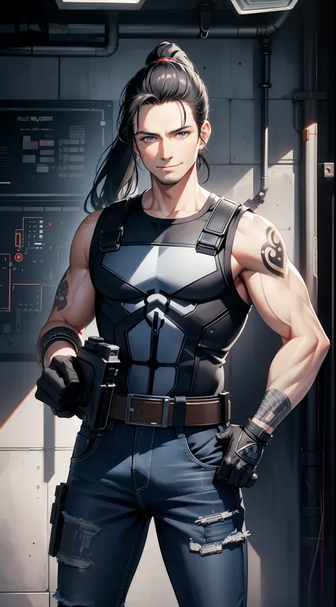 Grown-up guy, Long black hair, high ponytail, blue eyes, Smile, beatiful face, bodyarmor, Sleeveless, Drawing of the skull, jeans, circuits, Guns, brawn, the Punisher print, tattoo, Masterpiece, hiquality, 4k, HD, Good detail