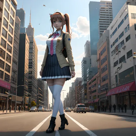 Monika from ddlc as a giant girl in a city