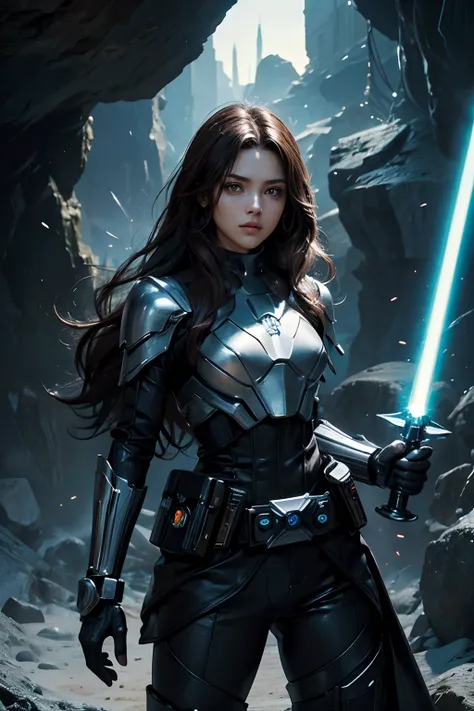 Upper body close-up image.A beautiful woman with a lightsaber stands in a spacious cave. Dark brown hair. long hair.She wears a black metallic battle uniform. There is something on the waist that reminds me of Kamen Riders transformation belt. 8K image qua...