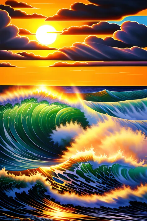 a painting of  sun with face, waves of energy from su , clouds and wings and waves, lsd waves, by Opie ortz , sun over the sea, artwork , tattoo painting style, opie ortz artwork