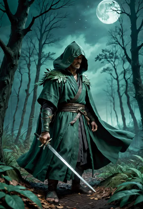 a lone warrior, donned in a dark green robe, navigates through the dense forest on a moonlit, stormy night. the warrior's hand f...