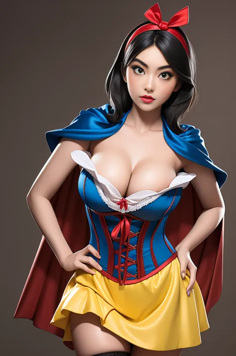 beautiful chinese 15 year old woman, wearing snow white cosplay, blue silk corset, red silk cape, yellow silk pleated skater ski...