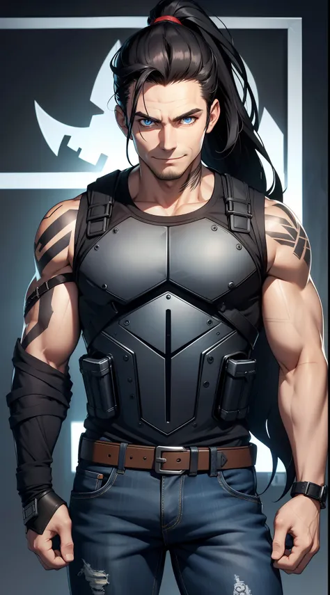 Grown-up guy, Long black hair, high ponytail, blue eyes, Smile, beatiful face, bodyarmor, Sleeveless, Drawing of the skull, Jeans, circuits, arma, brawn, Punisher Seal, tattoo, Masterpiece, hiquality, 4k, HD, Good detail