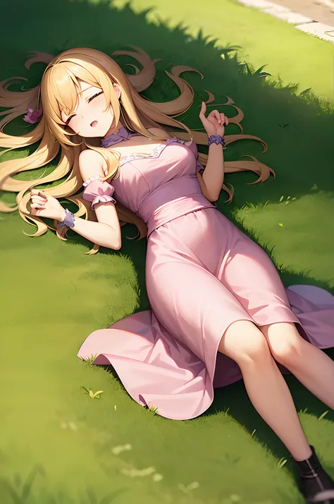 The princess is lying unconscious on the grass. The princess has long blonde hair,、Wearing a pink dress. Her mouth is half open.