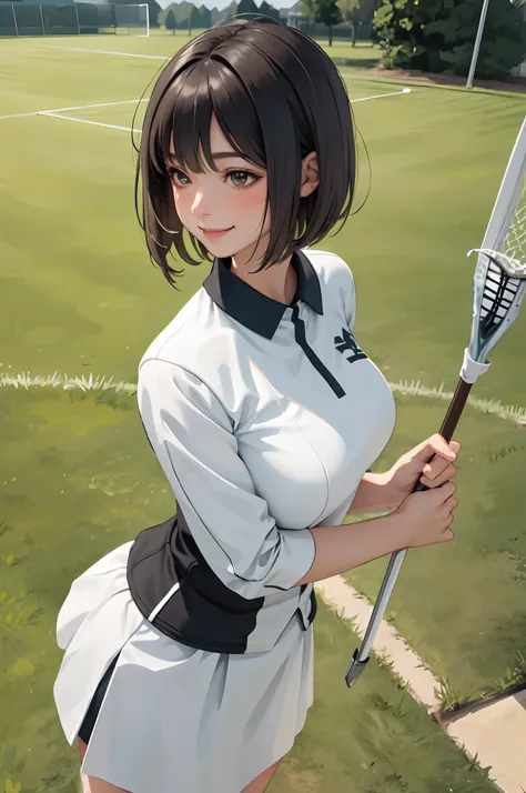 1lady solo, standing, mature female, /(lacrosse uniform/), /(short hair/) bangs, blush kind smile, (masterpiece best quality:1.2) delicate illustration ultra-detailed, large breasts BREAK /(grass court outdoors/)