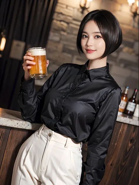 88
(a 20 yo woman,is standing), (A hyper-realistic), (masutepiece), ((short-hair:1.46)), (Smooth black hair), (Breast:1.0), (kindly smile), Wear long pants, (Wearing a long-sleeved shirt), (Beautiful skin:1.5), (Drinking beer)