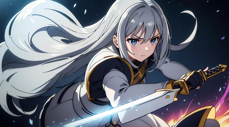 (1 girl, moe), (beautiful eyes finely detailed, light gray hair color, long hair), knight battle suit, full body illustration, e...