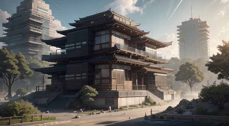 sci-fi complex，afofuturism，takamatsu new architectural style，《cyberpunk 2077》in the oriental architecture，there are complex mech...