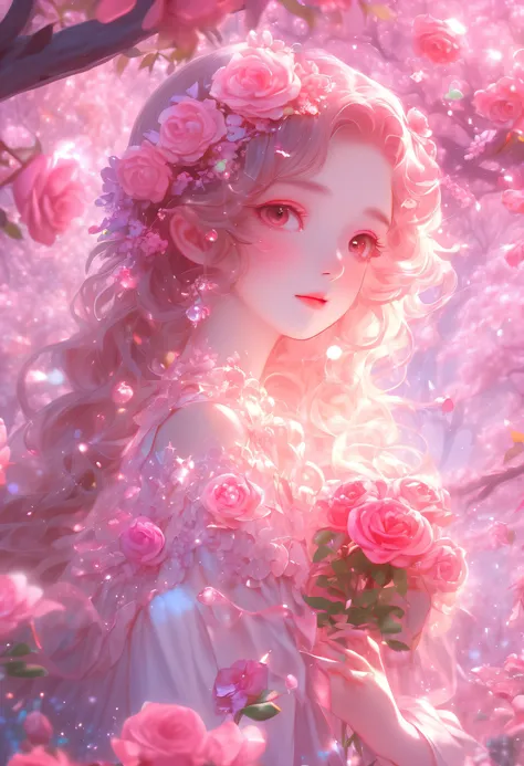 wallpaper hd, flower art, rose, blooms in spring, photo, kawaii, cute anime, girl, light magenta and light crimson style, angura...