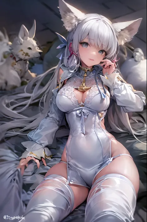 1womanl，（White lace erotic lingerie：0.5），（36E chest：2），（dual horsetail：1.5），Leaning forward like a kitten lying on a bed，tmasterpiece，Perfect work，Looming