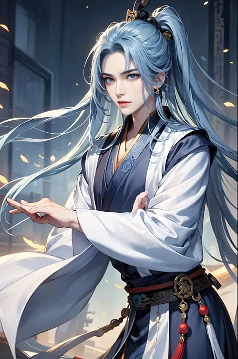 1 man, taoist robes，blue color eyes，detailed facial features，， ancient china, long whitr hair，high ponytail,the ancient capital ...