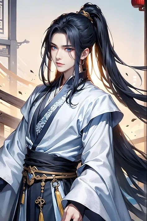 1 man, taoist robes，blue color eyes，detailed facial features，， ancient china, long whitr hair，high ponytail,the ancient capital ...