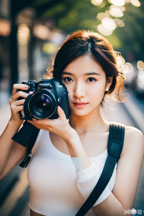 (top-quality,8K,​masterpiece),Araphedo woman taking photo with camera in the city, dslr 5 0 mm portrait photo, Professional DSLR Photography, womens pictures,(beautiful countenance,A detailed eye,Detailed skin,detailed lips),Colossal tits, High Quality DSL...