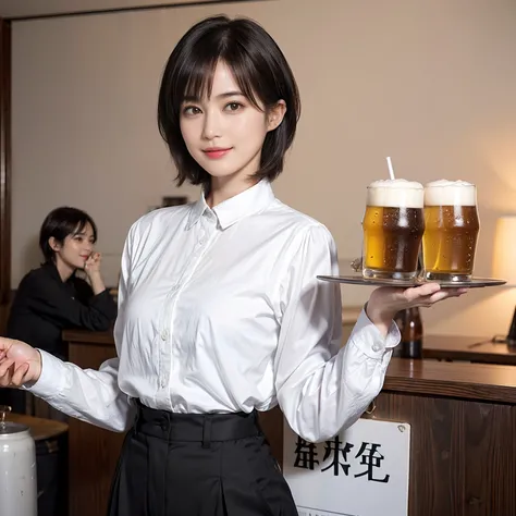 88
(a 20 yo woman,is standing), (A hyper-realistic), (masutepiece), ((short-hair:1.46)), (Smooth black hair), (Breast:1.0), (kindly smile), wear long pants, (Wearing a long-sleeved shirt), (Beautiful skin:1.5), (Drinking beer)