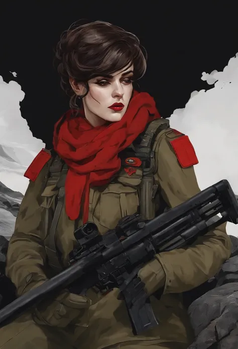 Red alert, Tanya Degurechaff, army suit, Short stature, psychotic eyes, Destroyed landscapes, Side view, holding gun, Dark style, Allied bases