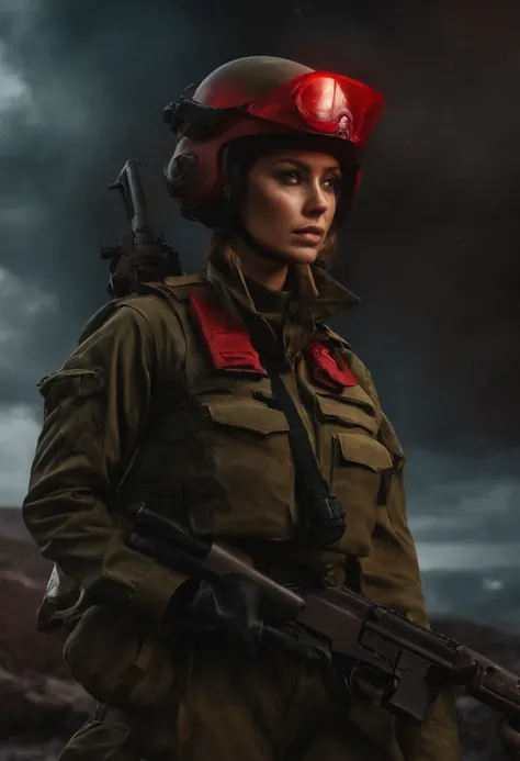 Red alert, Tanya Degurechaff, army suit, Short stature, psychotic eyes, Destroyed landscapes, Side view, holding gun, Dark style, Allied bases