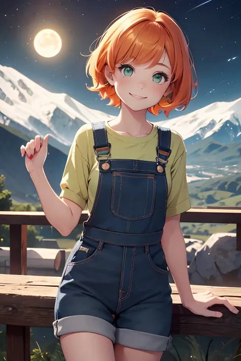 1girll, SXFRANCES, Short hair, Orange hair, Green eyes, freckle, Smile, Red overalls, Blue shirt, rolled up sleeves, Mountain, Moon, (Night:1.5), view the viewer