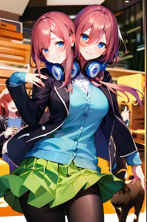 (masterpiece, best quality, ultra-detailed, illustration), (2heads:1.5), 1girl, nakano miku character, nm1, headphones around neck, school uniform, long sleeves, blue cardigan, green skirt, pantyhose, black jacket, open jacket, cowboy shot, standing,