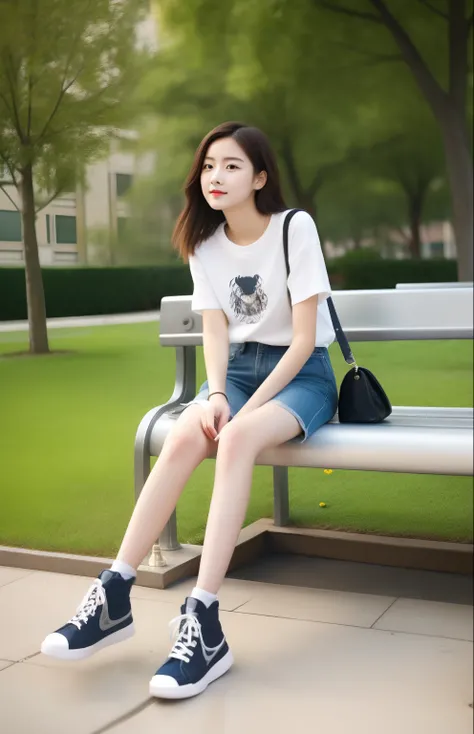 Alabi sits on a park bench with a bag, wearing casual cloths, Chinese girl, xintong chen, in shorts and t-shirt, wearing casual cloths, young and cute girl, casual clothing style, casual photography, wenfei ye, full body cute young lady, Li Zixin, Simple c...